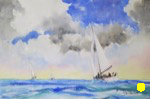 seascape, ocean, sea, sailboat, sky, race, blue water, boat, sailboat, original watercolor painting, oberst